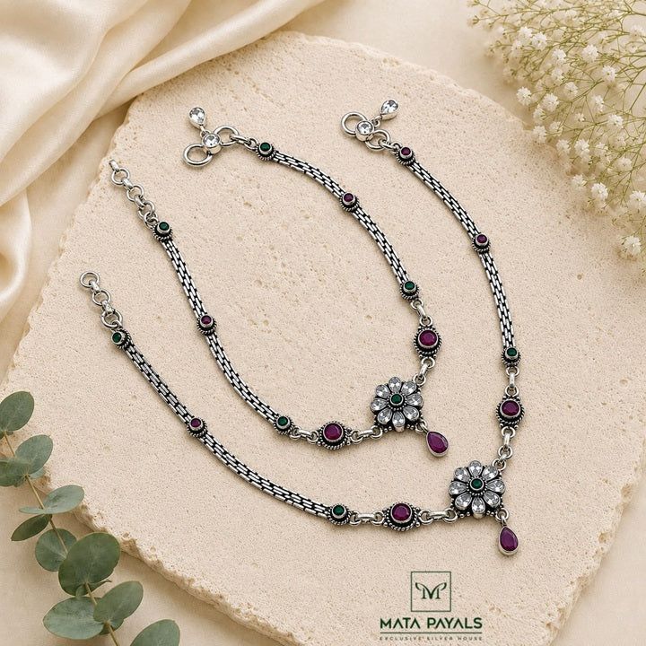 Cut Stone Oxidised Anklet
