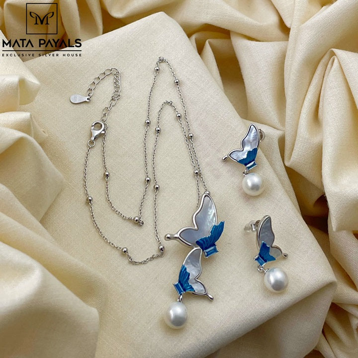 Rhodium Butterfly Pendant Set