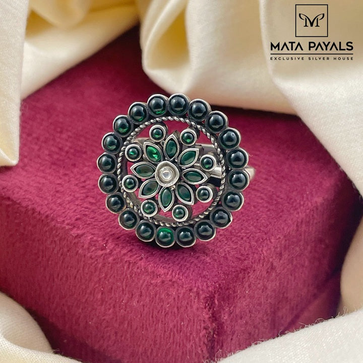 Charming Green Floral Oxidised Ring
