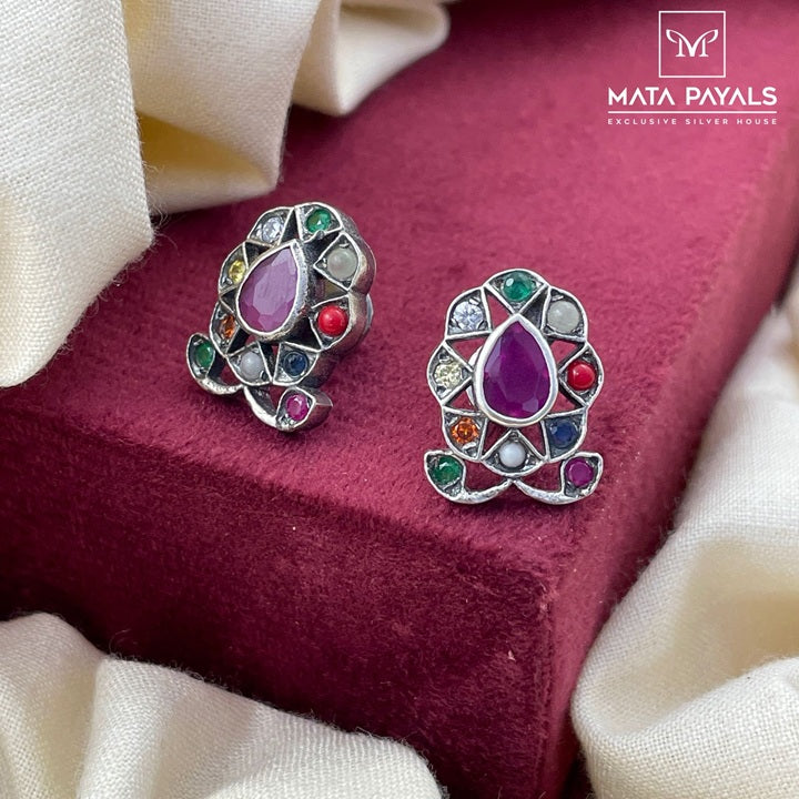 Pretty Navarathna Oxidised Stud