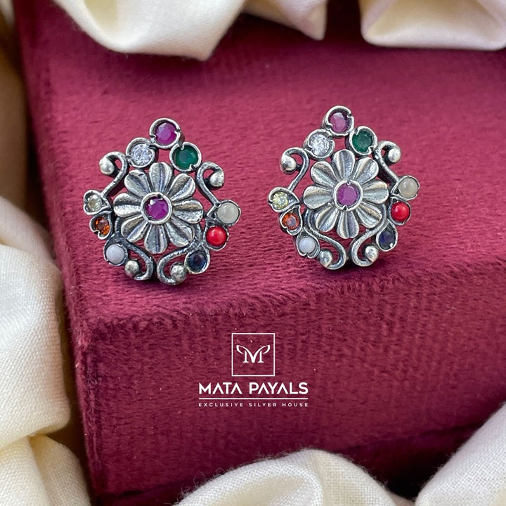 Floral Oxidised Stud