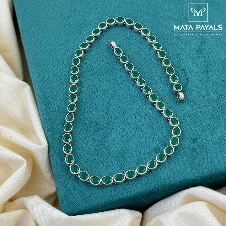 Sequential Green Oval Silver Oxidised Necklace