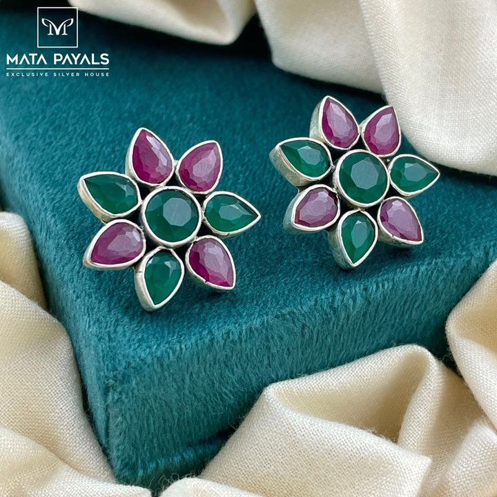 Green, Pink Floral Stud