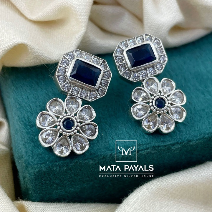 Blue Floral Oxidised Stud