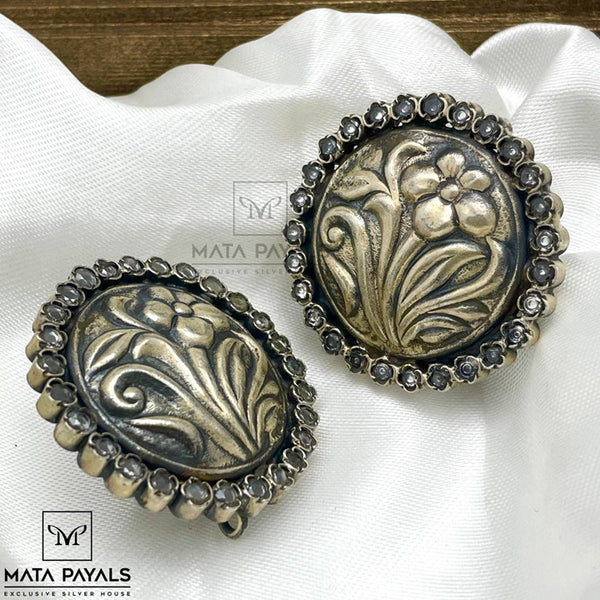 Floral Carved Oxidised Stud