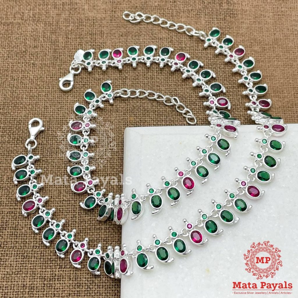 Red Green Mango Designed Silver Anklet