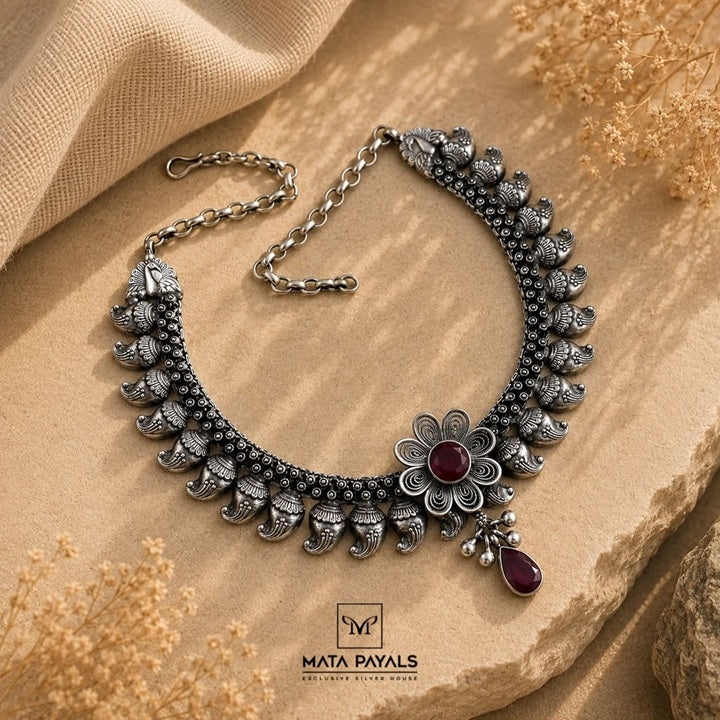 Well Crafted Floral Oxidised Necklace