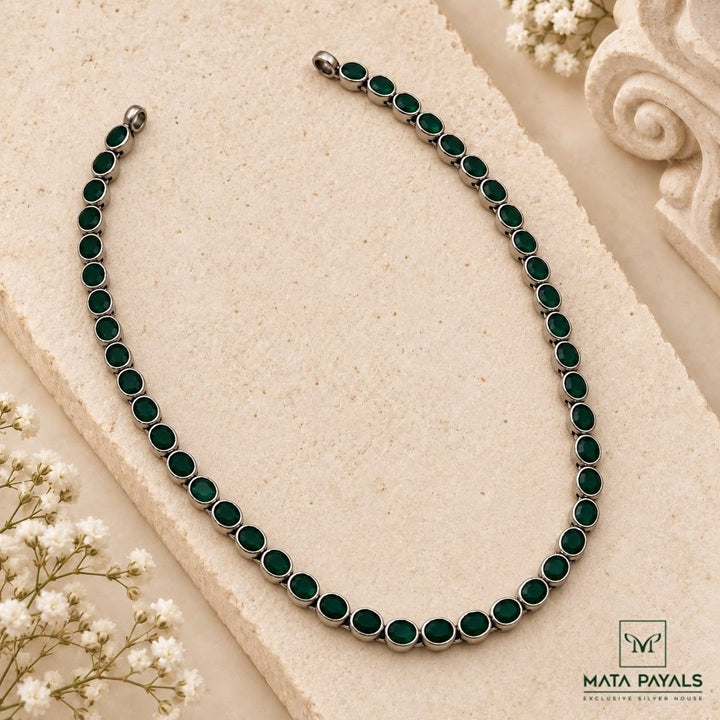 Sequential Green Oval Silver Oxidised Necklace