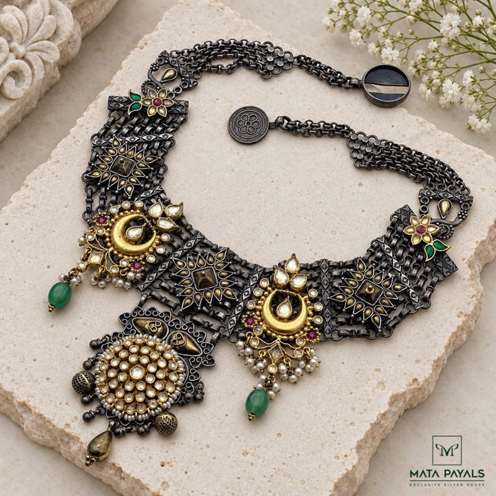 Fascinating Mandala Two Tone Oxidised Necklace