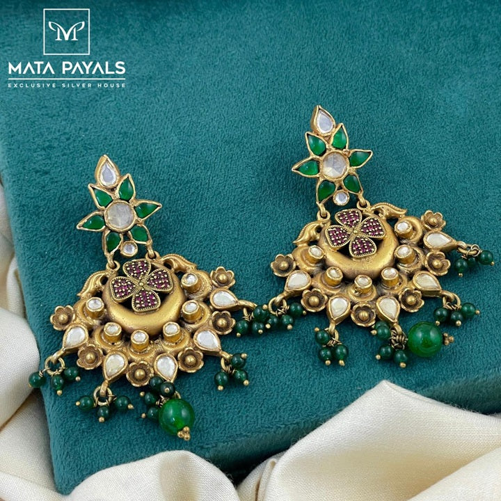 Electrifying Green Kundan Gold Pated Chandbali