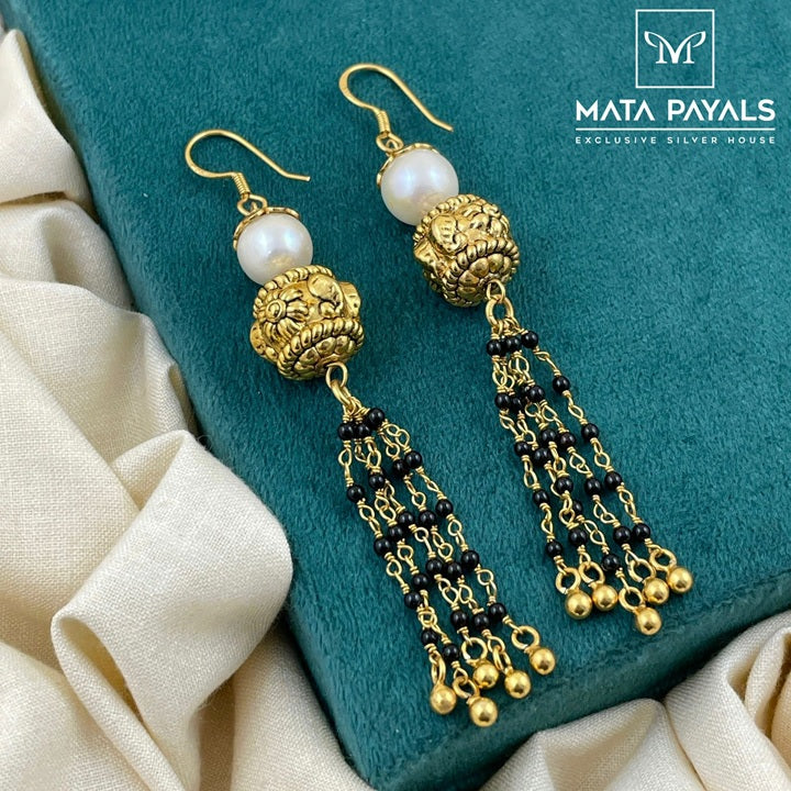 Floral Pearl Black Beaded Gold Plated Hanging