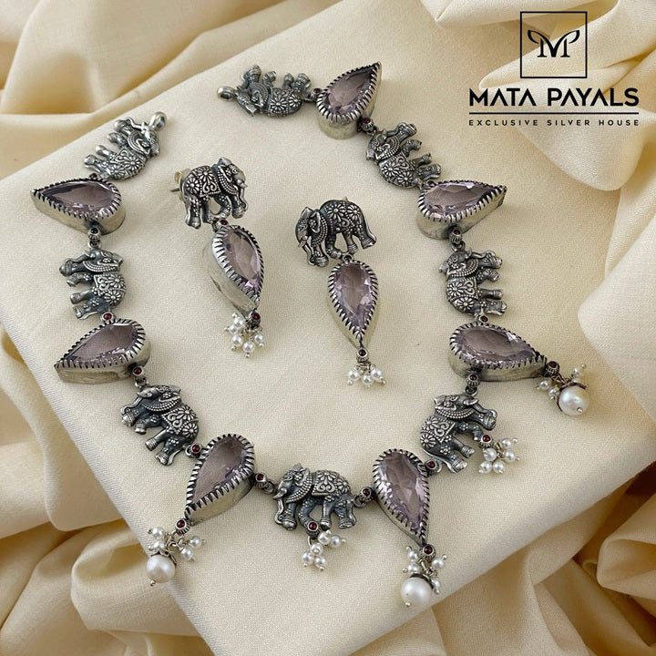Dignified Oxidised Elephant Necklace