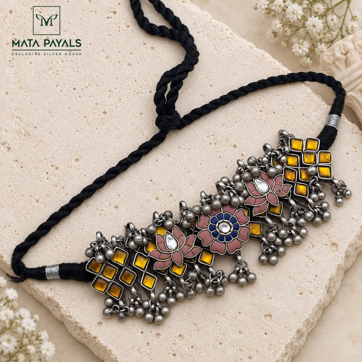 Antique Lotus Kundan Silver Oxidised Choker