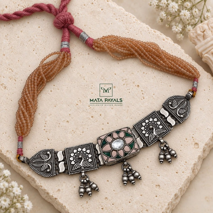 Peach Peacock Kundan Oxidised Necklace