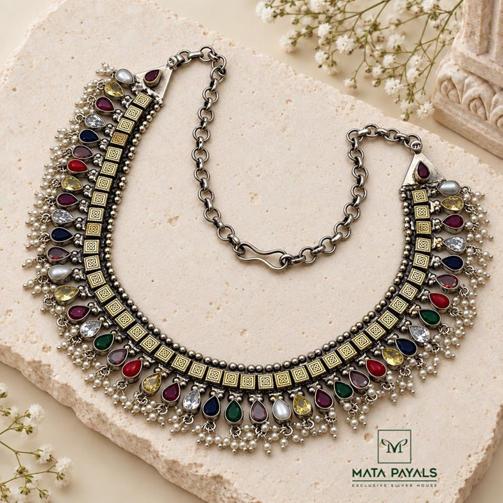 Dual Tone Navarathna Necklace