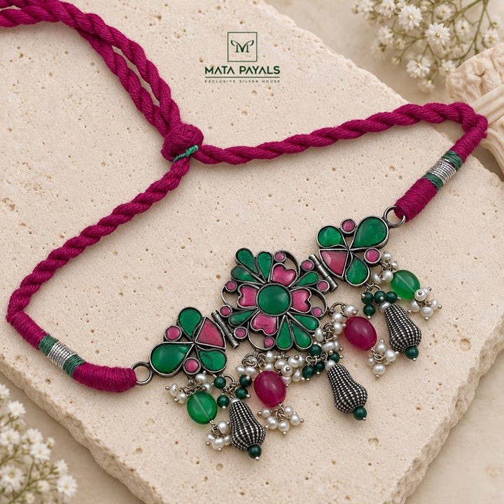Red & Green Floral Oxidised Necklace