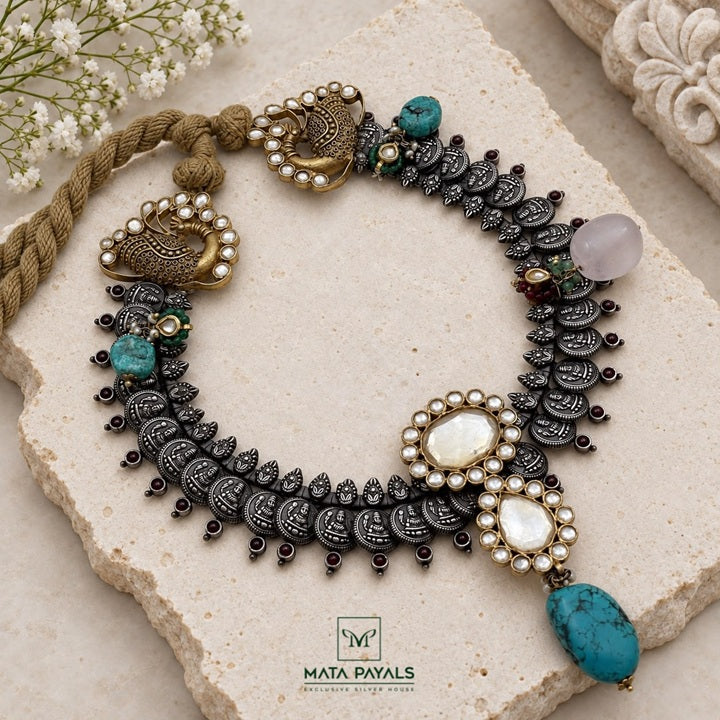 Majestic Lakshmi Kasu Mayur Two Tone Necklace