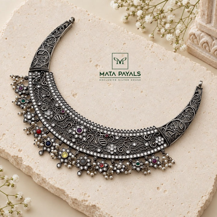 Glamorous Navarathna Oxidised Necklace