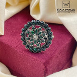 Charming Green Floral Oxidised Ring