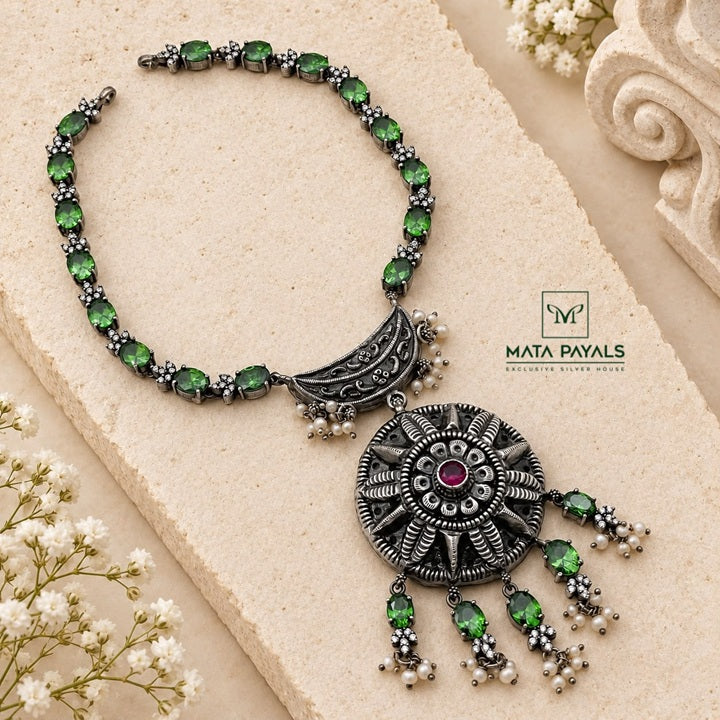 Imperial Green Floral Oxidised Necklace