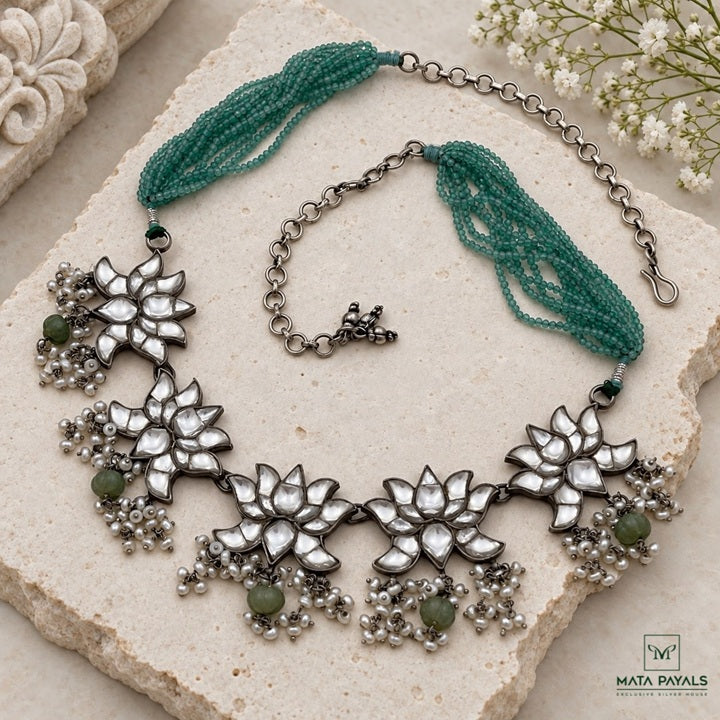 Exquisite Lotus Kundan Greene Necklace