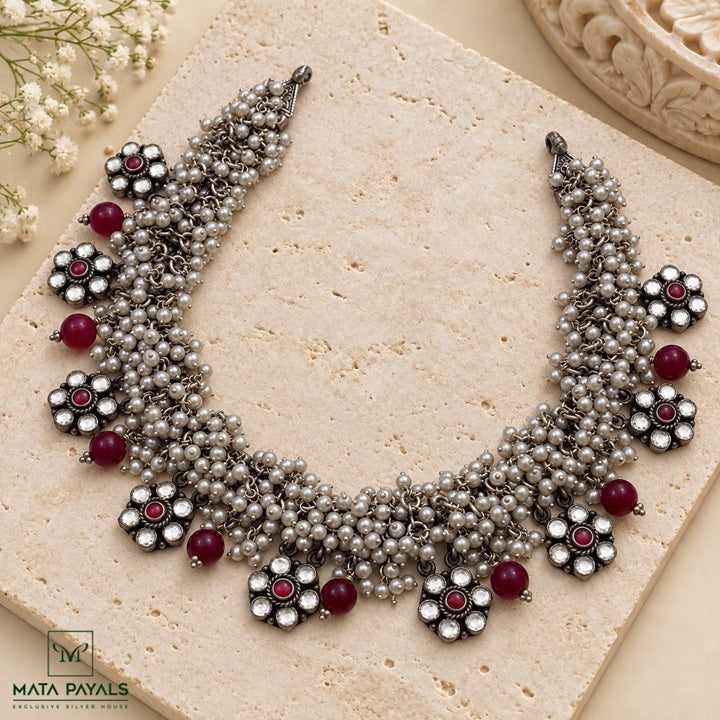 Oxidised Guttapusalu Floral Kundan Necklace