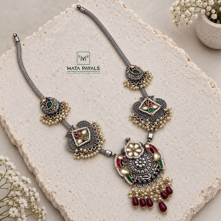 Peacock Kundan Oxidised Silver Necklace