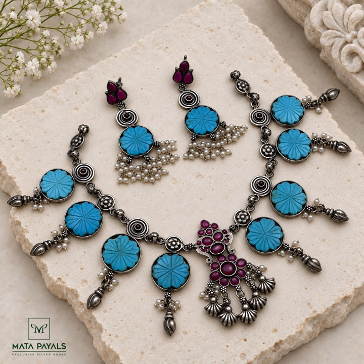 Turquoise Flower Enchanting Oxidised Necklace Set