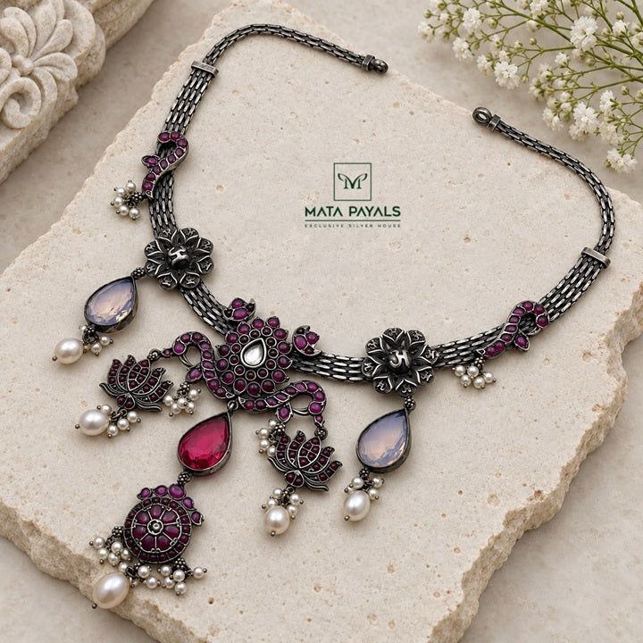 Vintage Lotus Oxidised Necklace