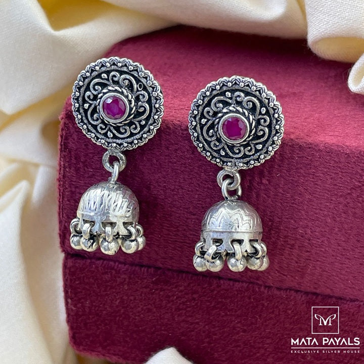 Astonishing Zircon Chakra Silver Oxidised Jhumka