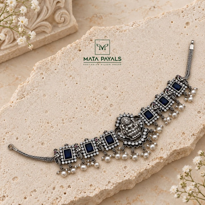Navy Blue Stone Oxidised Choker