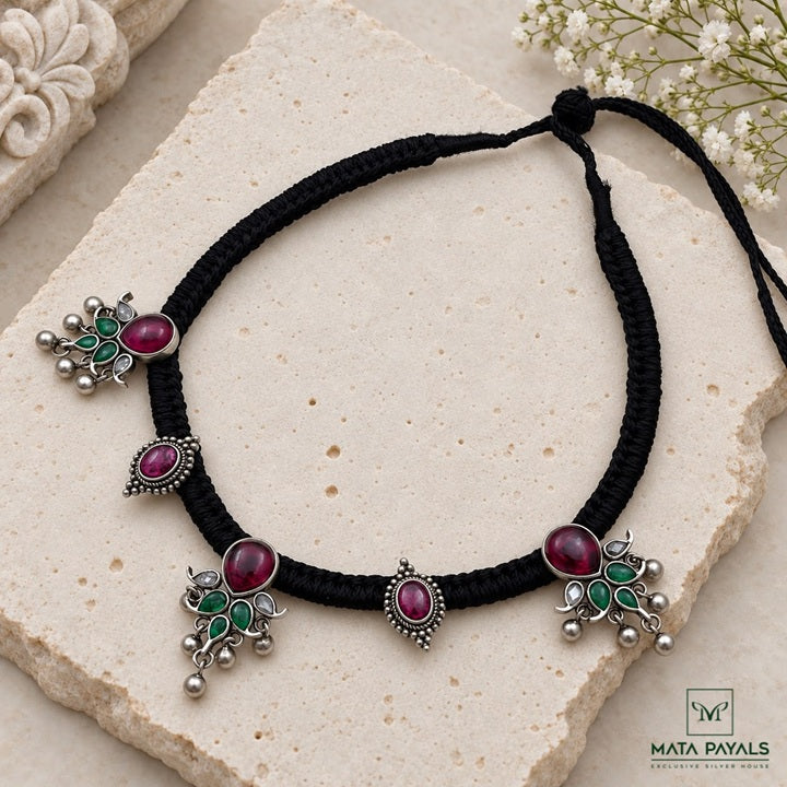 Elegant Oxidised Silver Thread Choker