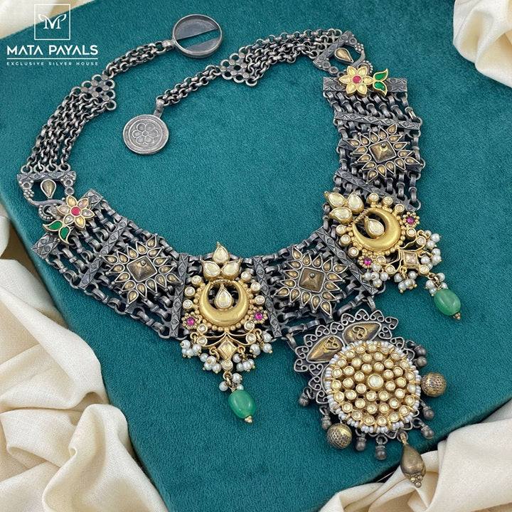 Fascinating Mandala Two Tone Oxidised Necklace