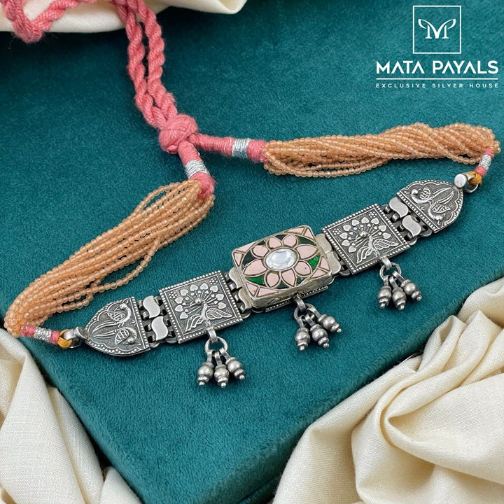 Peach Peacock Kundan Oxidised Necklace