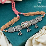 Peach Peacock Kundan Oxidised Necklace