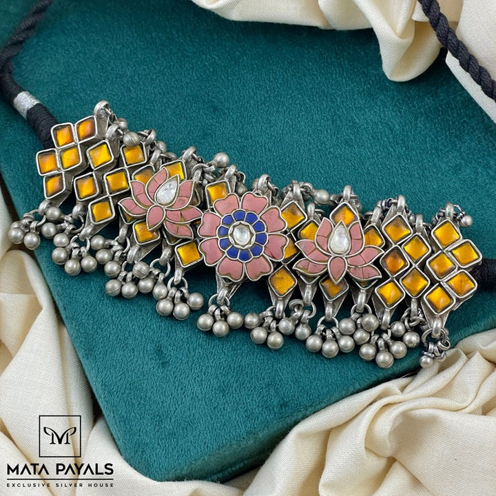 Antique Lotus Kundan Silver Oxidised Choker