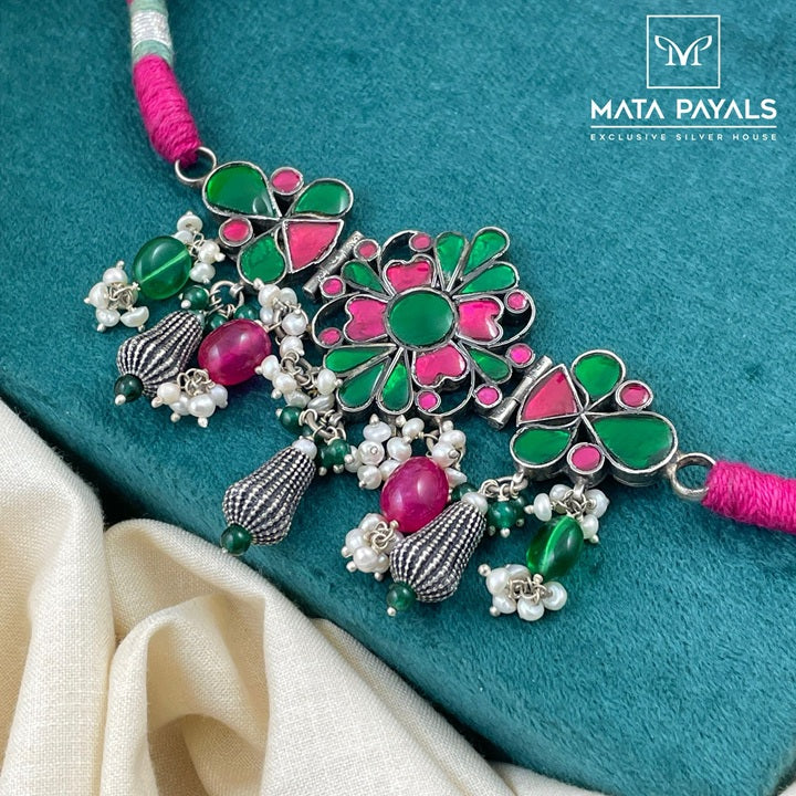Red & Green Floral Oxidised Necklace