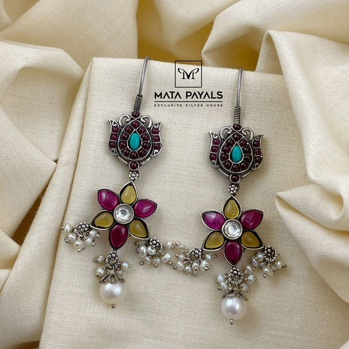 Lotus Floral Colourful Silver Earring