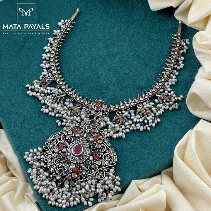 Audacious Floral Peacock Navratan Necklace