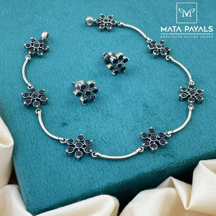 Floral Blue Oxidised Necklace Set