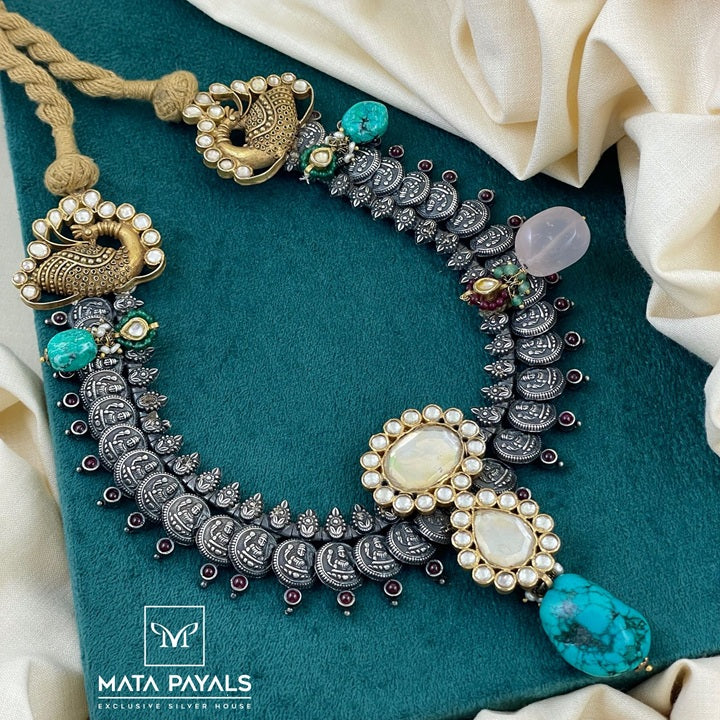 Majestic Lakshmi Kasu Mayur Two Tone Necklace