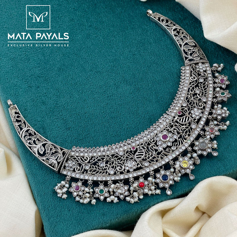 Glamorous Navarathna Oxidised Necklace