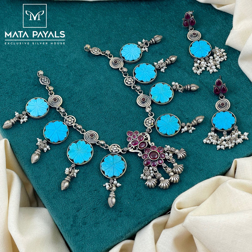 Turquoise Flower Enchanting Oxidised Necklace Set