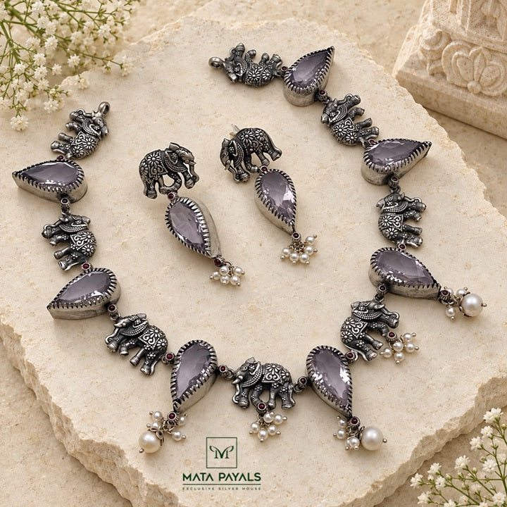 Dignified Oxidised Elephant Necklace