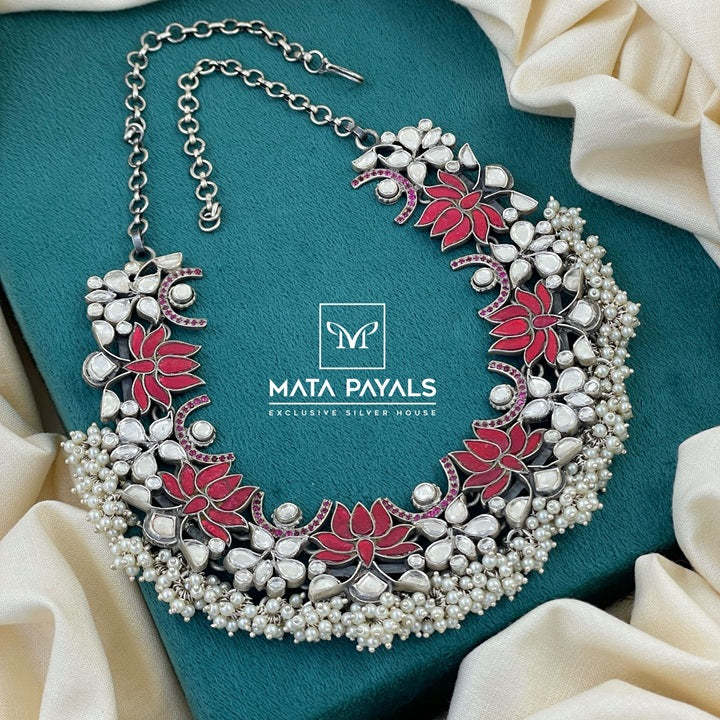 Mesmerizing Lotus Pearly Oxidised Necklace