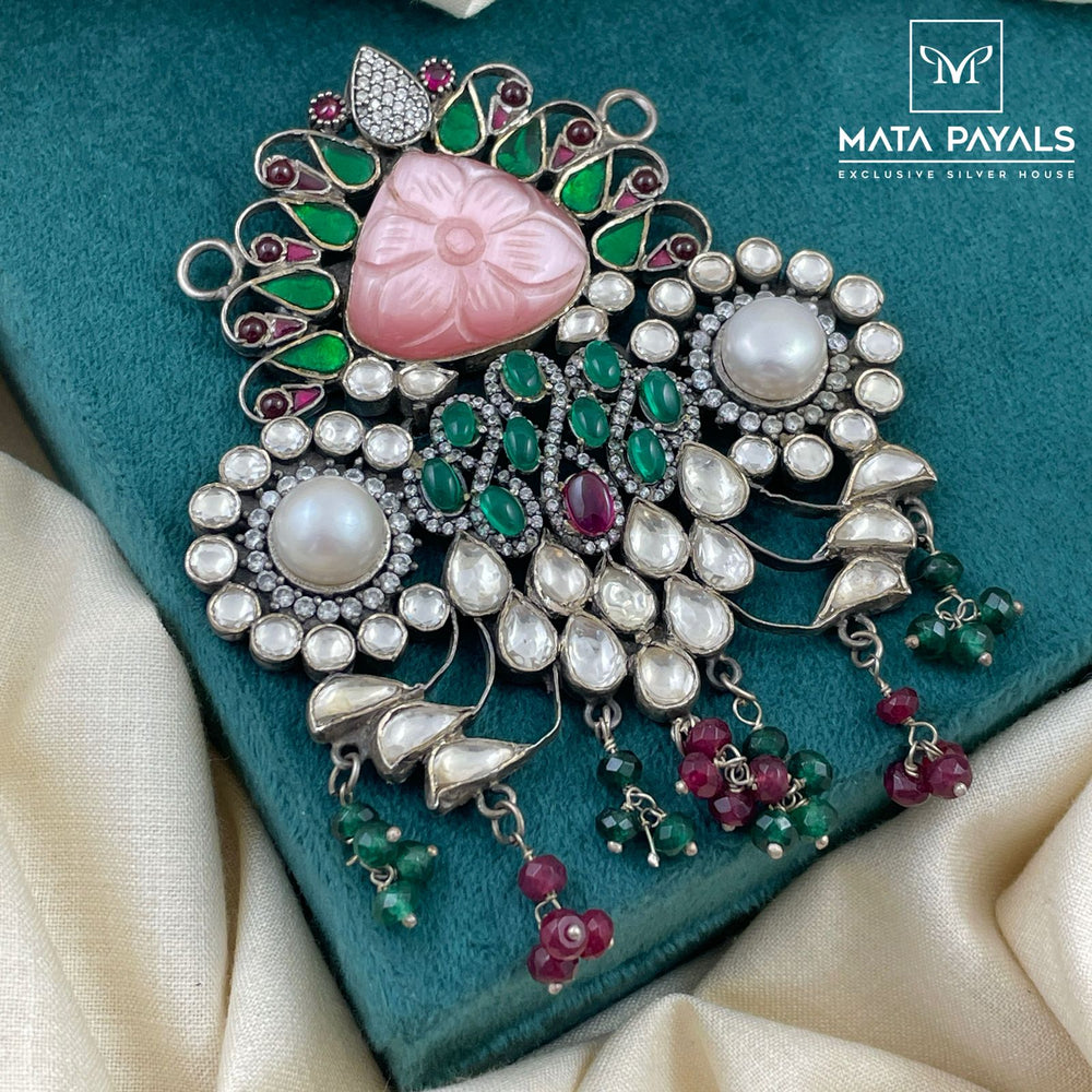 Beautiful Rose Quartz Kundan Oxidised Pendant