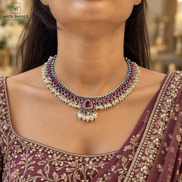 Cultured Oxidised Silver Necklace