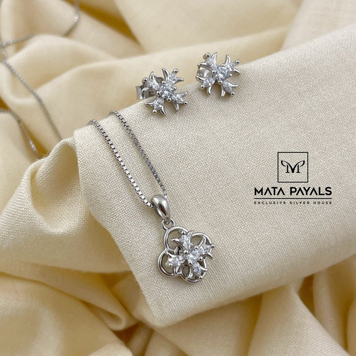 Floral Rhodium Pendant Set