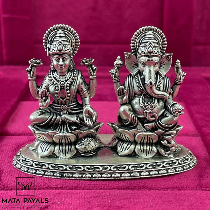 Silver Oxidised Ganesha Lakshmi Idol
