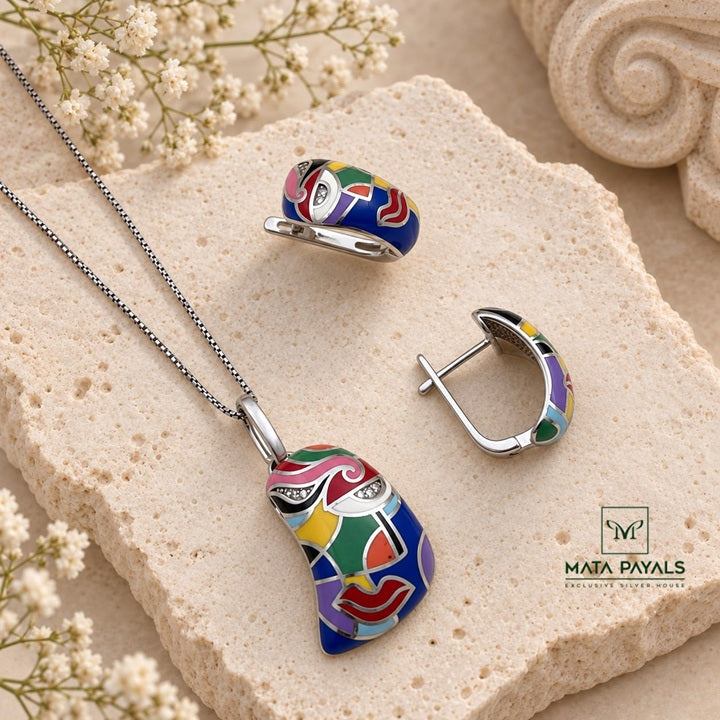 Enamel Rhodium Pendant Set